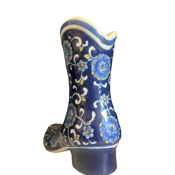 Vtg Chinoiserie Western Cowboy Boot Porcelain Vase Blue White Floral Texas Rodeo - Picture 4 of 7